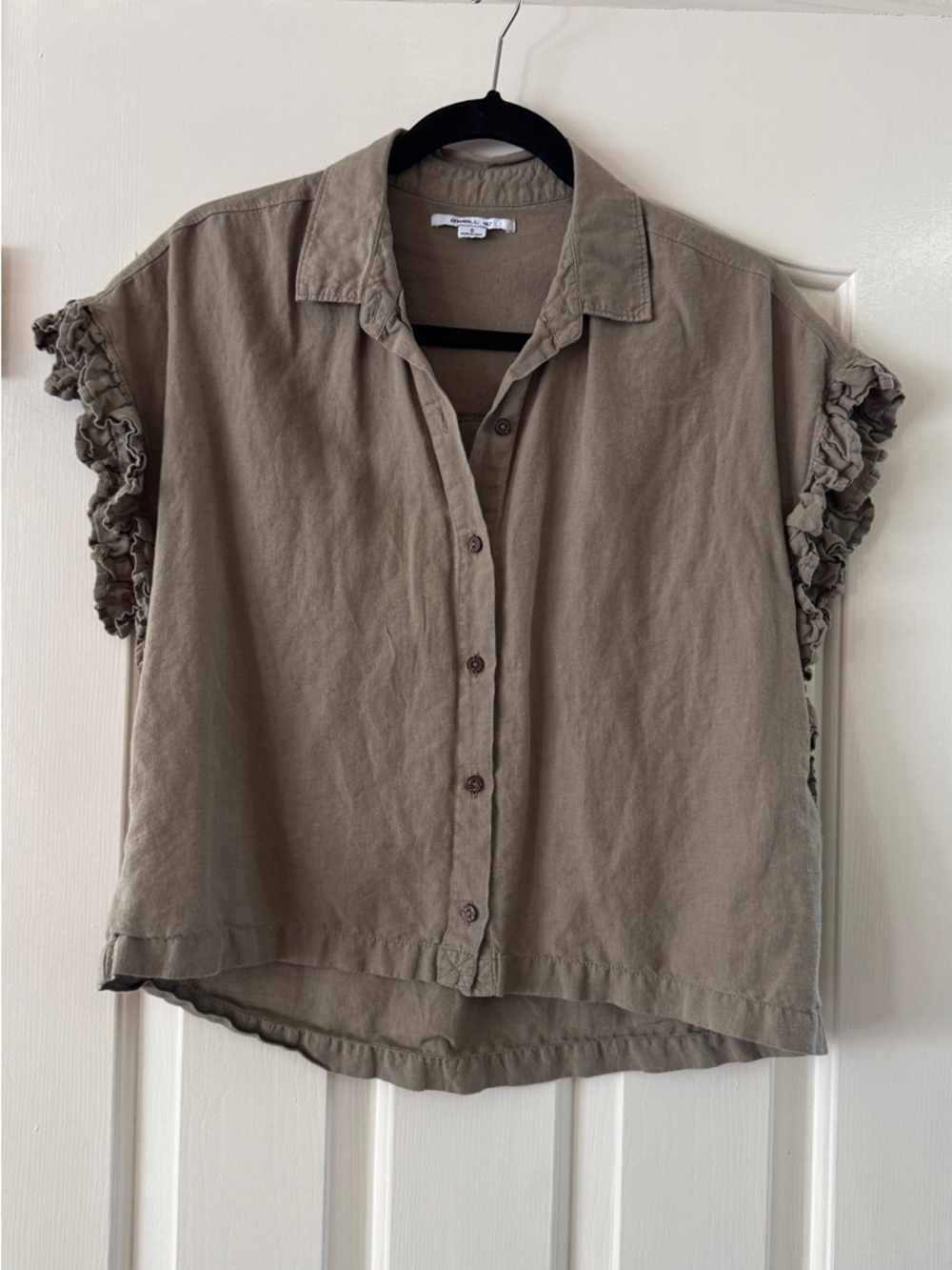 Relaxed Ruffle-Sleeve Button Front Top - Olive Green